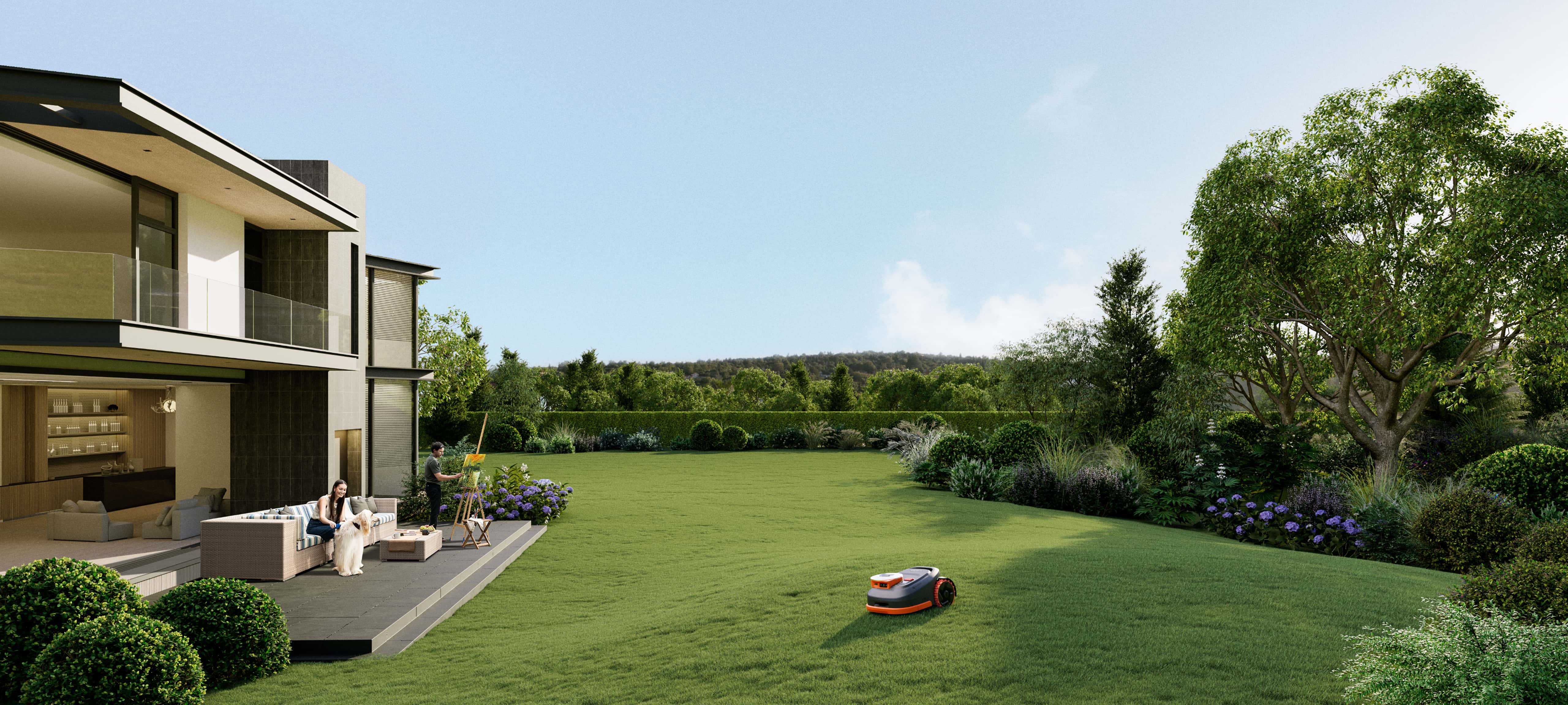 Navimow i110N robot lawn mower mows the large green lawn.