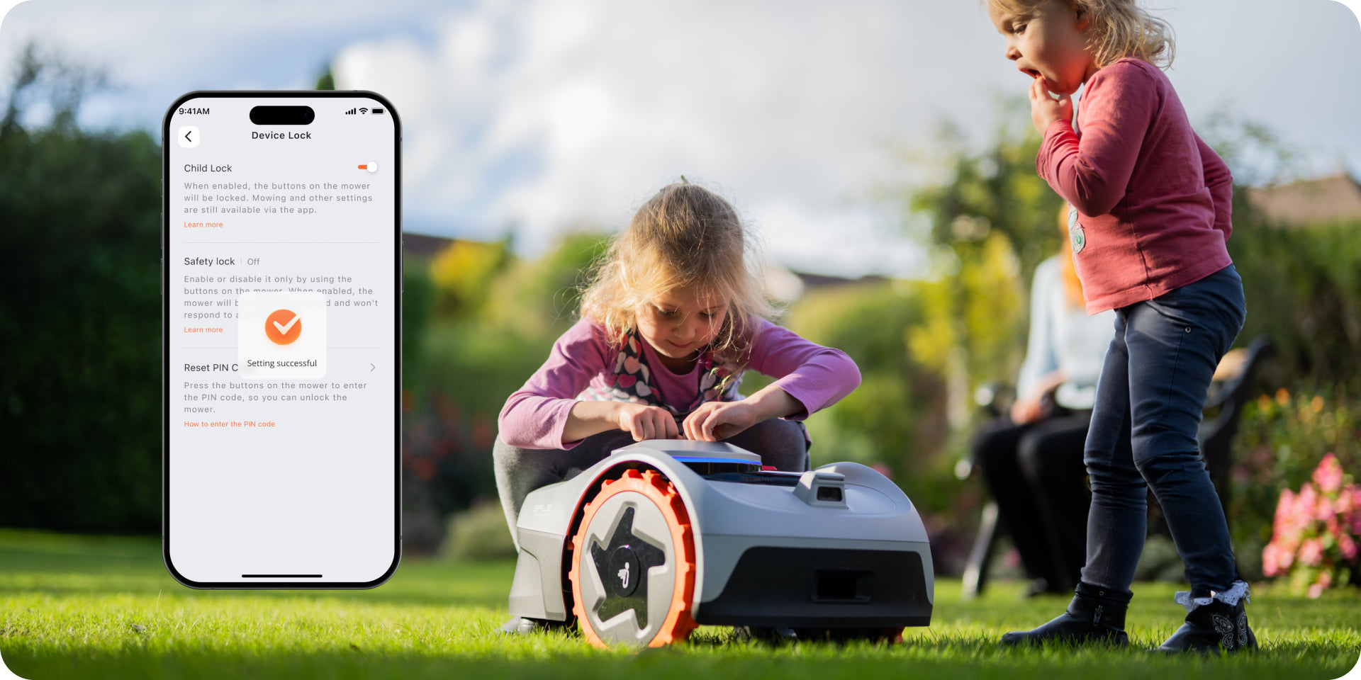 Navimow i110N robot lawn mower features child lock safety settings.