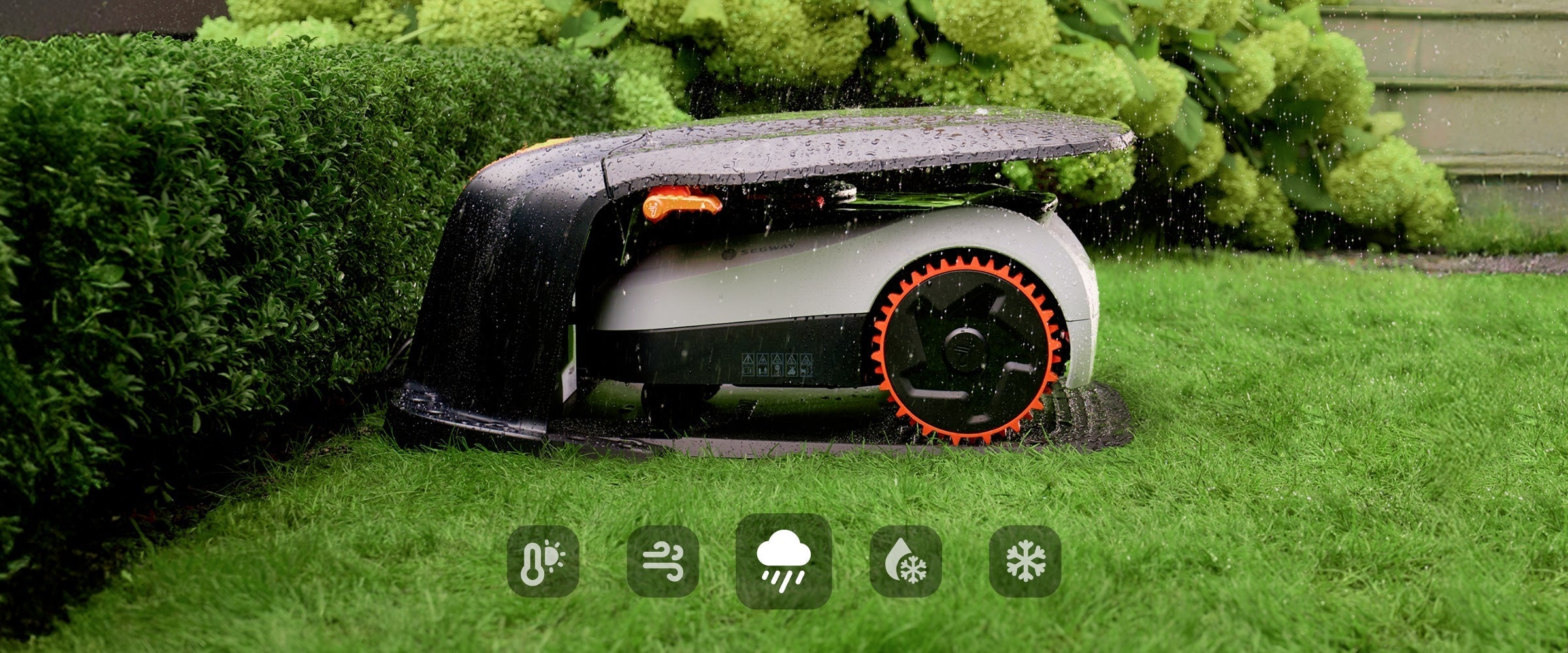 Segway Navimow i Series robot lawn mower sheltered in rain.