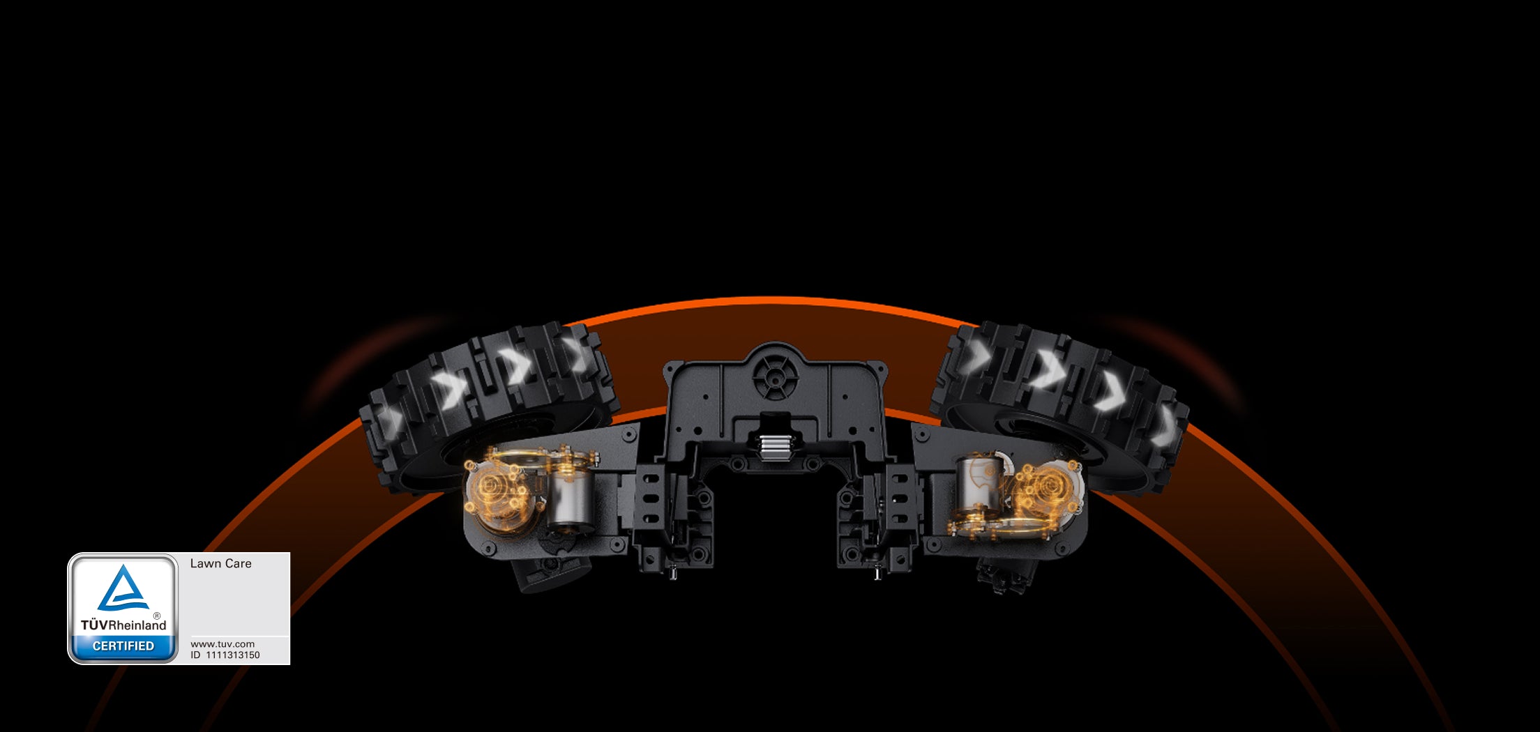 The Navimow i110 robot lawn mower shows its internal drivetrain.