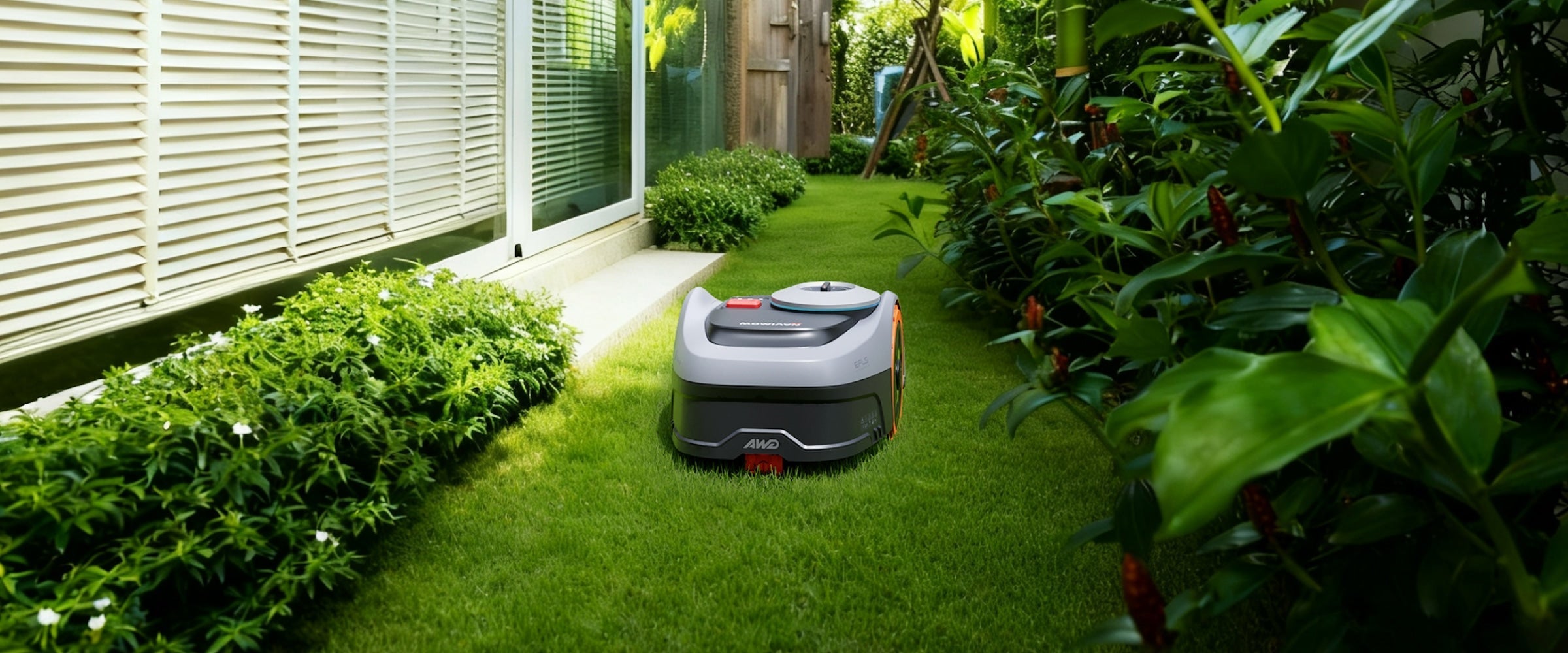 Navimow i110N robot lawn mower mows a lush green lawn.