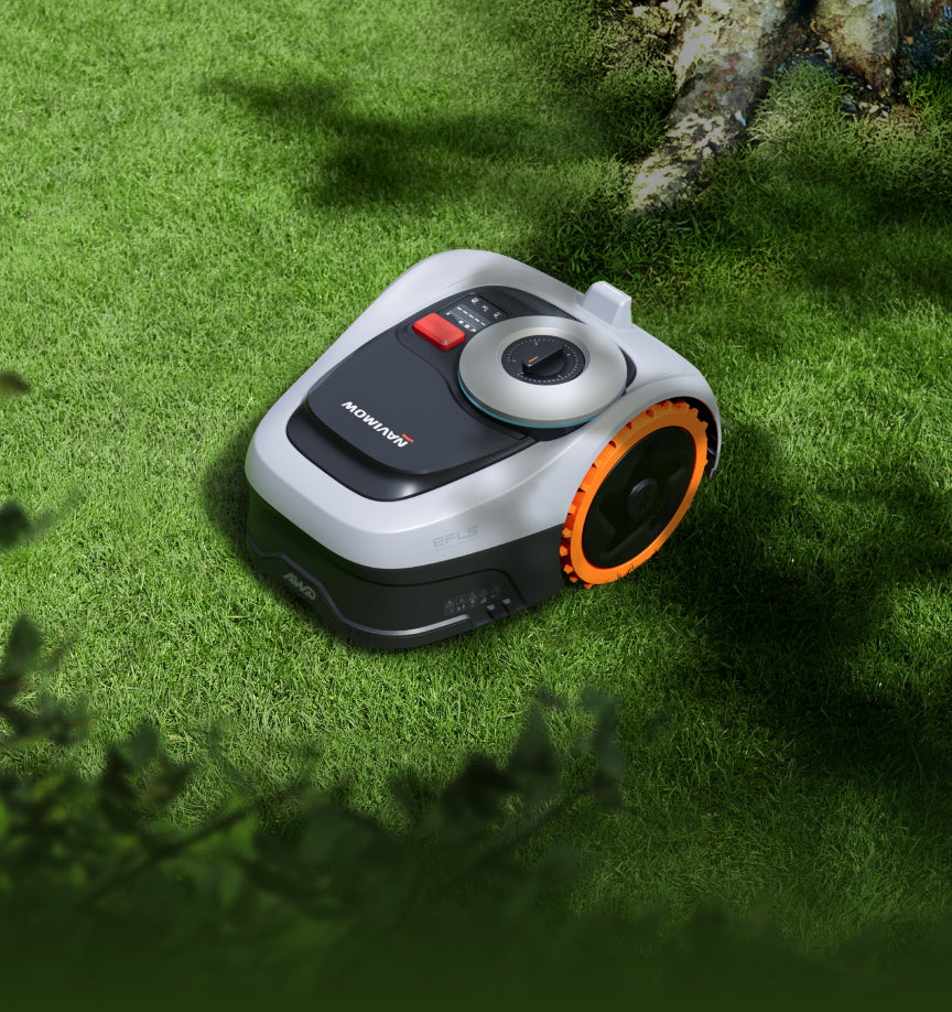 Navimow AWD robot lawn mower on a lush green field.