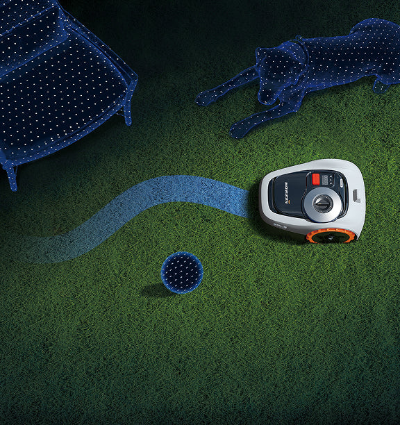 Navimow i110S robot lawn mower avoids dog and chair obstacles.