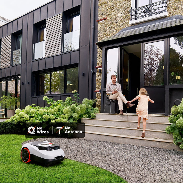 Navimow i105E robot lawn mower mows the green garden grass.