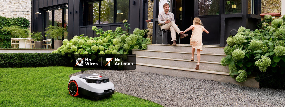 The Navimow i105E robot lawn mower mows grass in the backyard.