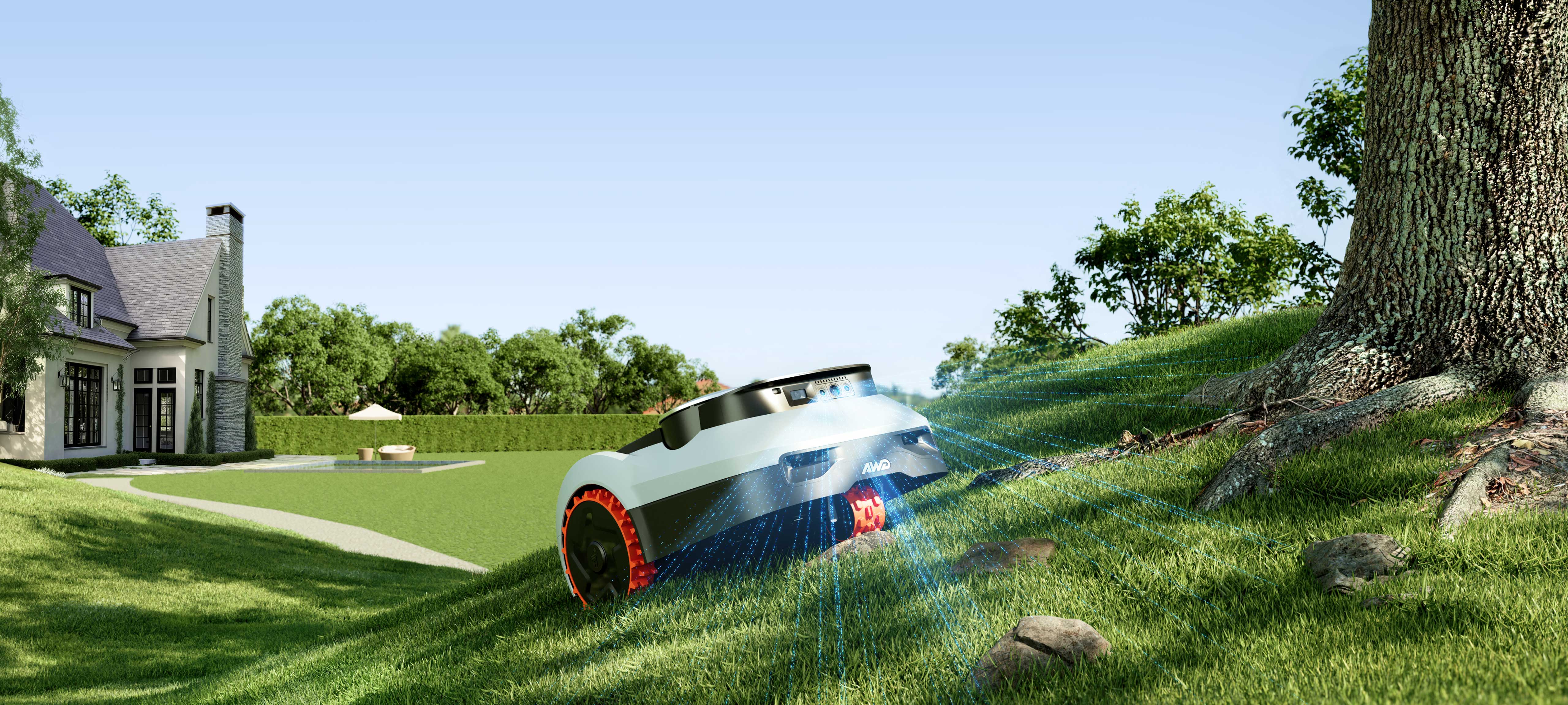 Navimow i Series AWD robot lawn mower climbing a hill.