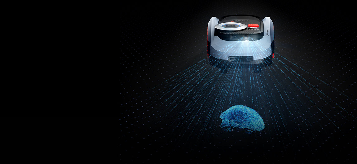 The Navimow i110N robot lawn mower detects a blue hedgehog.
