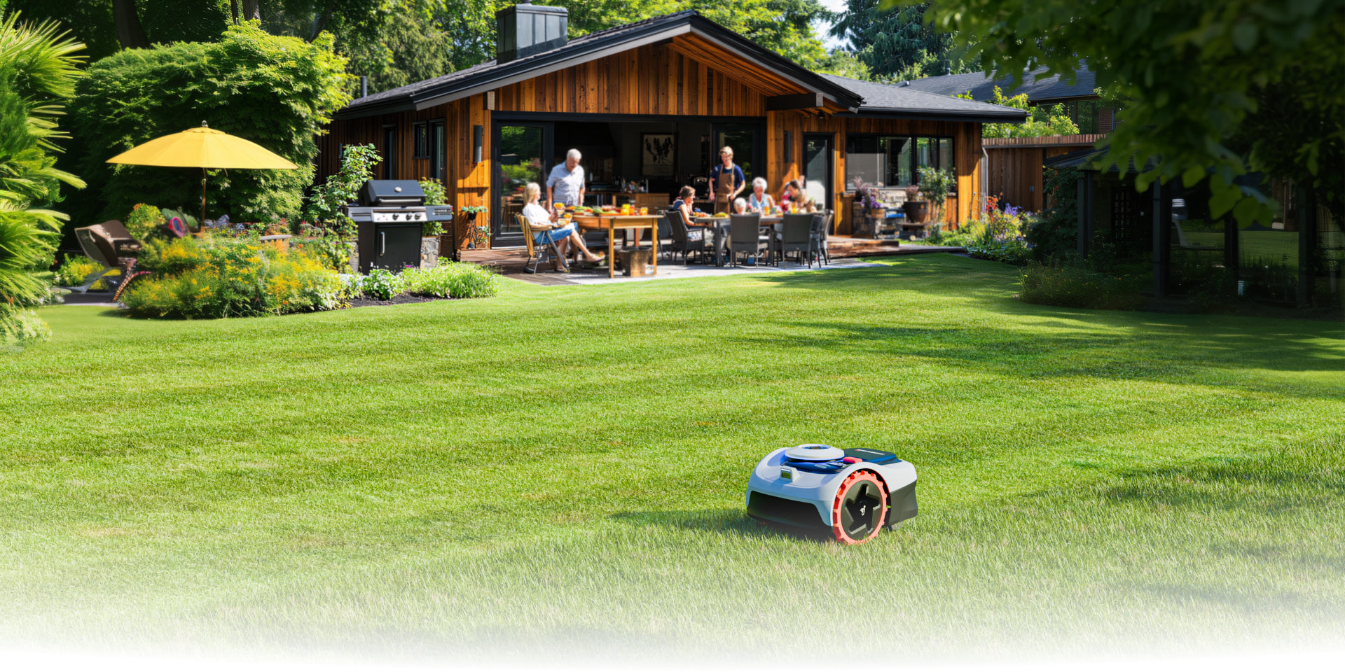Navimow i110N robot lawn mower mows the green backyard grass.