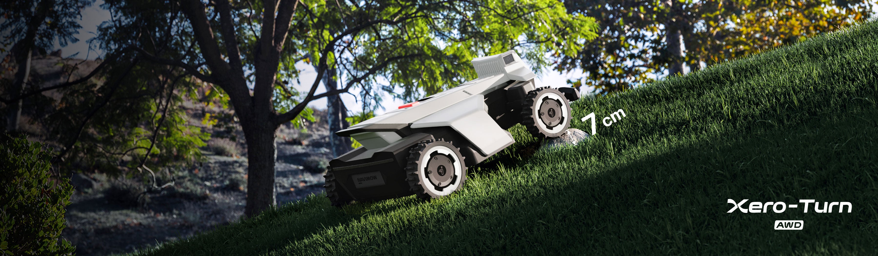 Navimow Xero-Turn AWD robot lawn mower climbs a grassy hill.