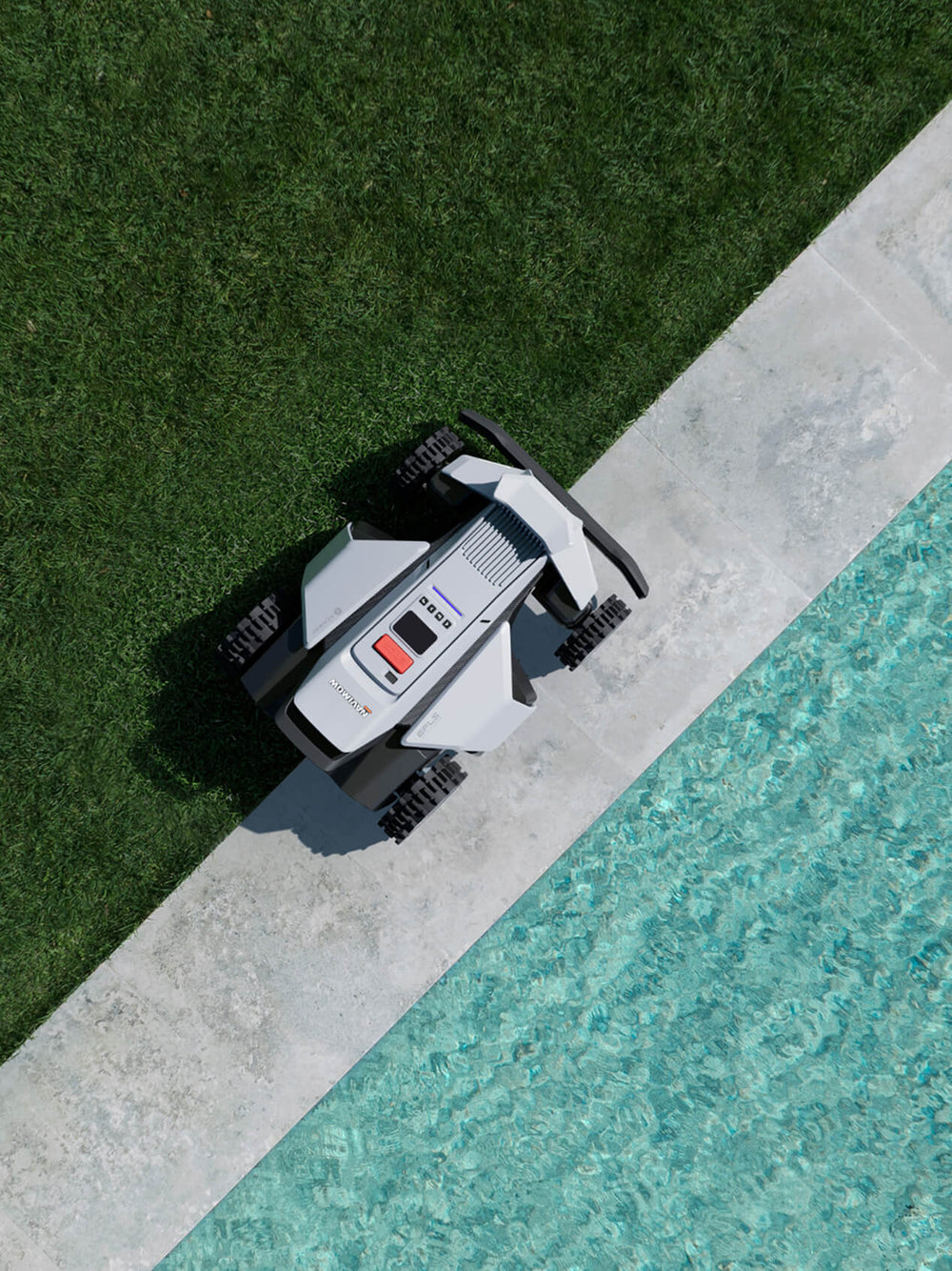 Navimow i110E robot lawn mower on grass near the pool.