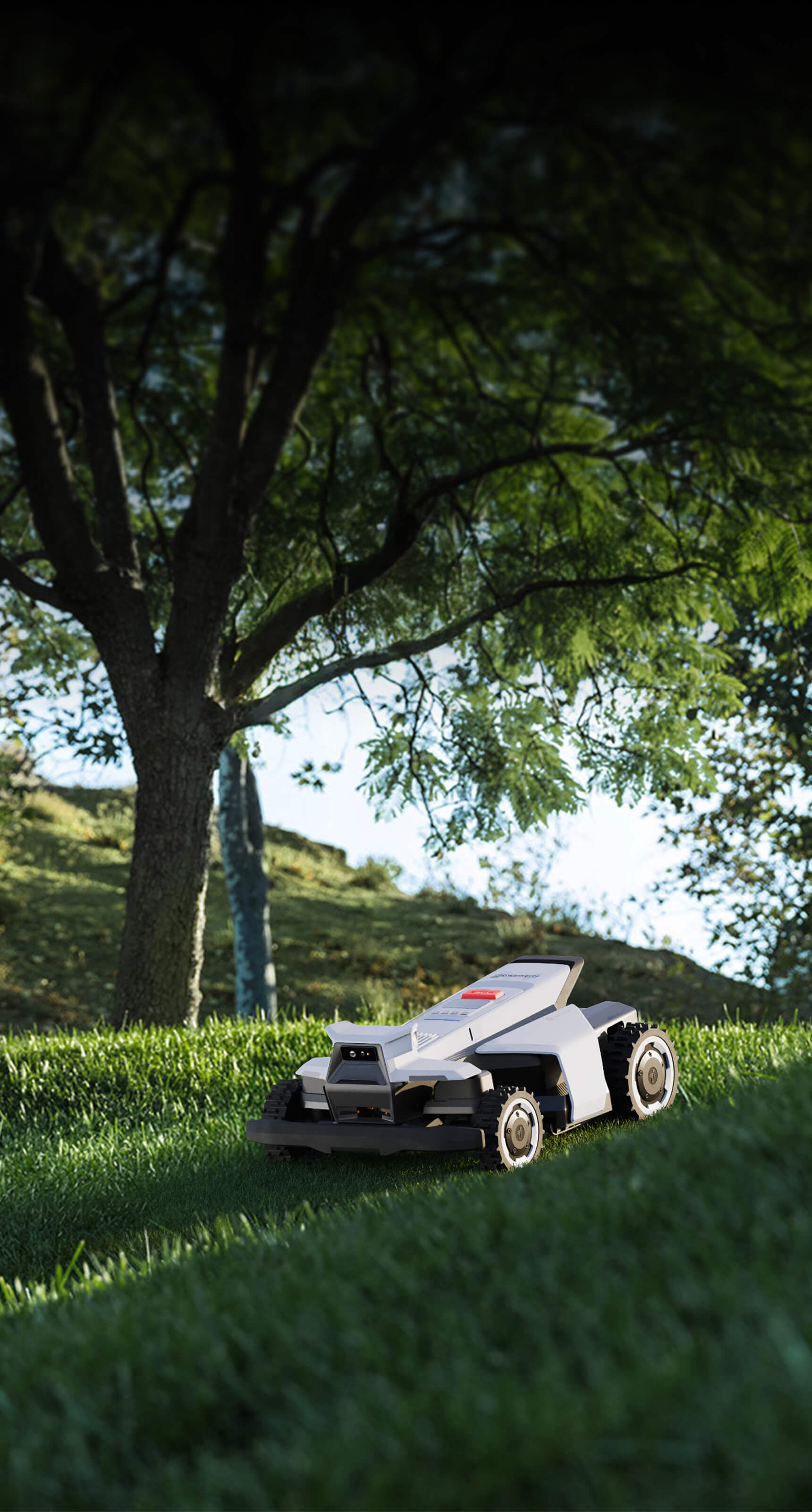 Navimow i110E robot lawn mower on a green grassy hill.