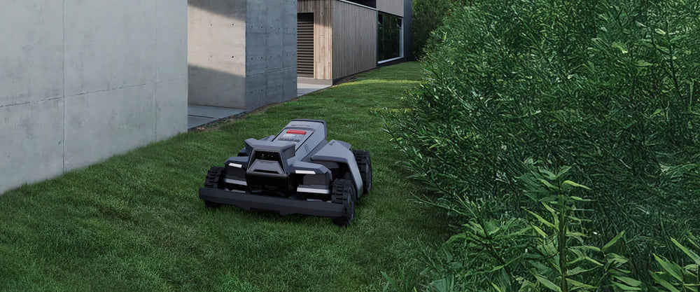 Navimow i110N robot lawn mower is mowing the green yard.