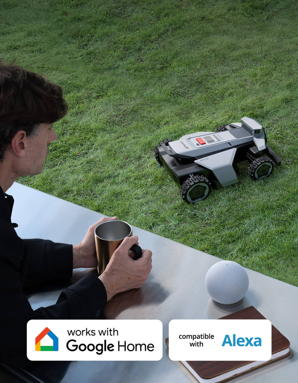 Navimow i105E robot lawn mower mows a lush green lawn.