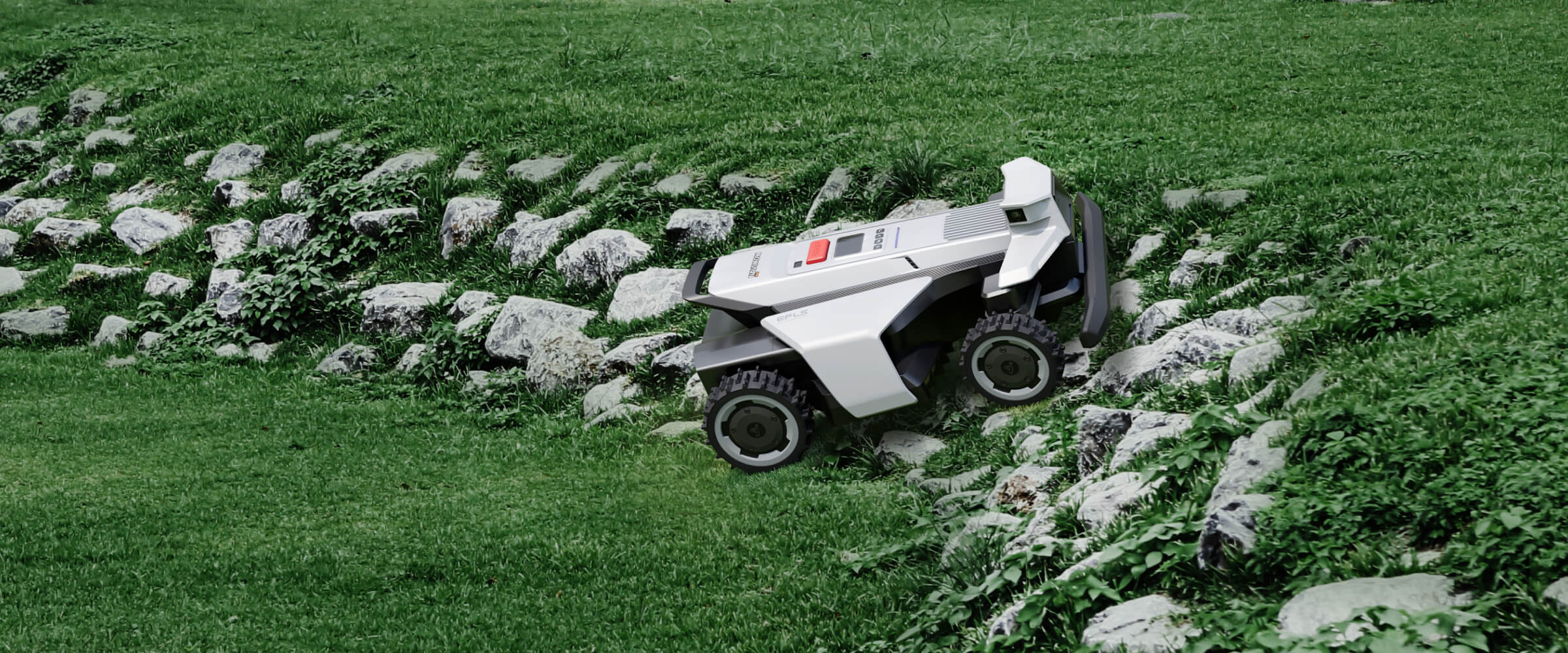 Navimow i110N robot lawn mower climbing a steep grassy hill.